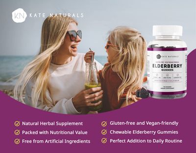 Kate Naturals Elderberry Gummies with Vitamin C and Zinc for Adults Kids. Tasty Sambucus Elderberry Gummies for Immune Support (90 Gummies, 45 Day Supply)