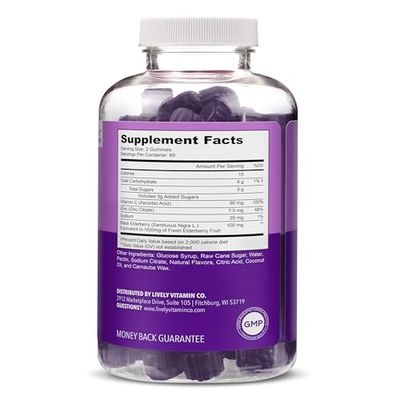 LIVELY VITAMIN CO. Elderberry Burst Gummies for Kids Adults - Boosts Immune Health - Helps Avoid Colds Illness - Black Elderberry, Vitamin C Zinc - 3 Grams of Sugar - No Gelatin - 120 Gummies