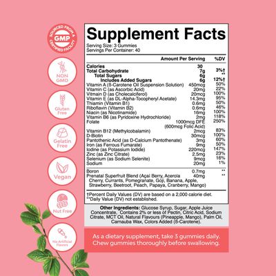 Natures Craft Vegan Prenatal Gummies for Women - Gummy Prenatal Vitamins for Women with Iron Folic Acid and Superfruit Blend - Chewable Vitamins Gummy Formula (Pineapple Mango) 40 Day Supply
