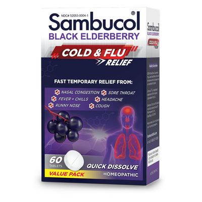 Sambucol Cold and Flu Relief Tablets - Homeopathic Cold Medicine, Cold Remedy for Adults, Black Elderberry for Colds, Zinc Cold Remedy - 60 Count