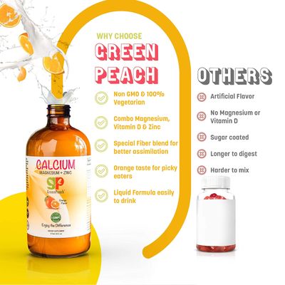 GreenPeach Organic Liquid Calcium for Kids - Magnesium, Zinc, Calcium Citrate Vitamin D3 Calming Syrup Liquid Calcium Supplement, NO Sugar NO Artificial Flavors, Vegetarian Halal Kosher