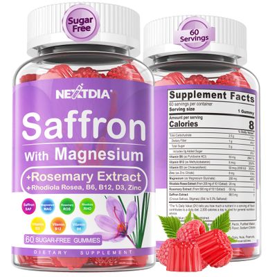 Saffron with Magnesium Glycinate Gummies, 2 Months Supply -Sugar Free Magnesium 400200mg wSaffron,Rhodiola,Rosemary, B6,B12,D3 for S-leep, Calm,Focus, Relaxation,Muscle,Nerve, Melatonin Free Gummies