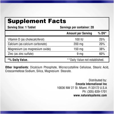 Calcium Magnesium Zinc Vitamin D Supplement 60 Tablets by Natural Systems - Calcium Magnesium Zinc and VIT D Supplements for Strong Immune System - Magnesium Supplement for The Immune System