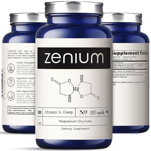 Zenium - Magnesium Glycinate 600 mg per Serving, 120 Capsules Relieve Stress, Tension, Worry, Nervousness, Irritability Calm The Mind Body Ayurvedic Natural Relief Supplement