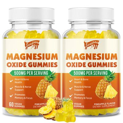2 Pack Magnesium Oxide 500mg Gummies for Adults Kids, Supports Nerve Muscle Bone Health, Vegan Non-GMO Dietary Supplement with Pineapple Flavor, 120 Gummies