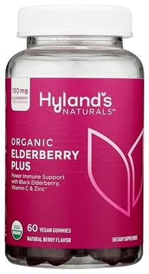 Hyland&#39;s Organic Elderberry Plus Gummies, Organic Black Elderberry with ZINC and Vitamin C, Immune Support Supplement for Adults, 60 Vegan Gummies (30 Days)