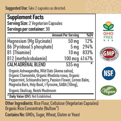 Zen Calm Stress Adrenal Support Supplement Organic Adaptogenic Herbs - Magnesium, B Vitamins, GABA More to Support a Natural Calm. Non-Drowsy. Non-GMO (60 Veggie Caps)