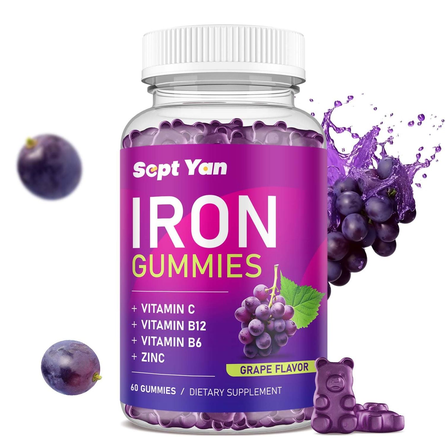 SEPT YAN Iron Gummies for Women Kids - with Vitamin C, B12, B6, Zinc - Blood Builder Energy - Iron Supplement Gummies Support for Iron Deficiency, Anemia - 60 Vegan Gummies Grape Flavor