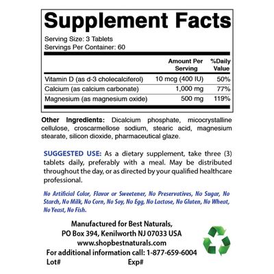 Best Naturals Calcium Magnesium with Vitamin D3 1500mg Serving 180 Tablets (180 Count (Pack of 2))