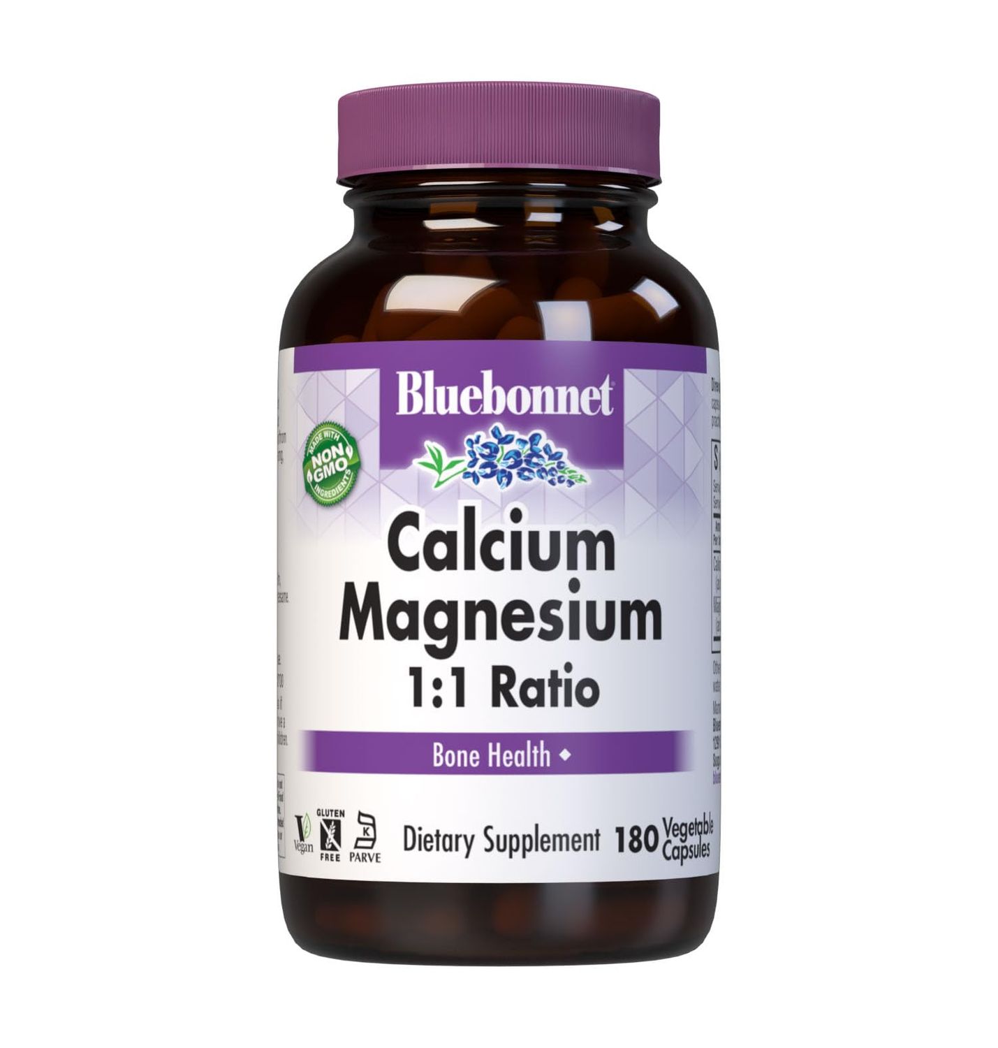 BlueBonnet Calcium Magnesium 1:1 Ratio Vegetarian Capsules, 180 Count, White