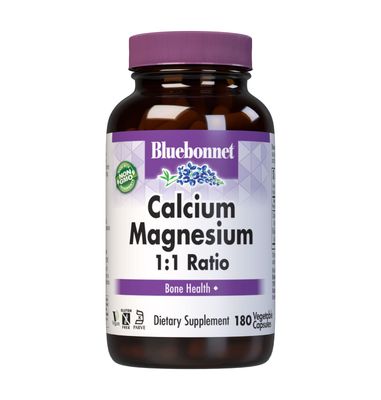 BlueBonnet Calcium Magnesium 1:1 Ratio Vegetarian Capsules, 180 Count, White