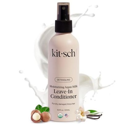 Kitsch Argan Milk Leave In Conditioner for Curly Hair, Detangler Spray for Wavy, Fine, Dry Damaged Hair, Sulfate-Free Frizz Control for Women, Men Kids, Lightweight Moisturizer for Hair, 6.8oz