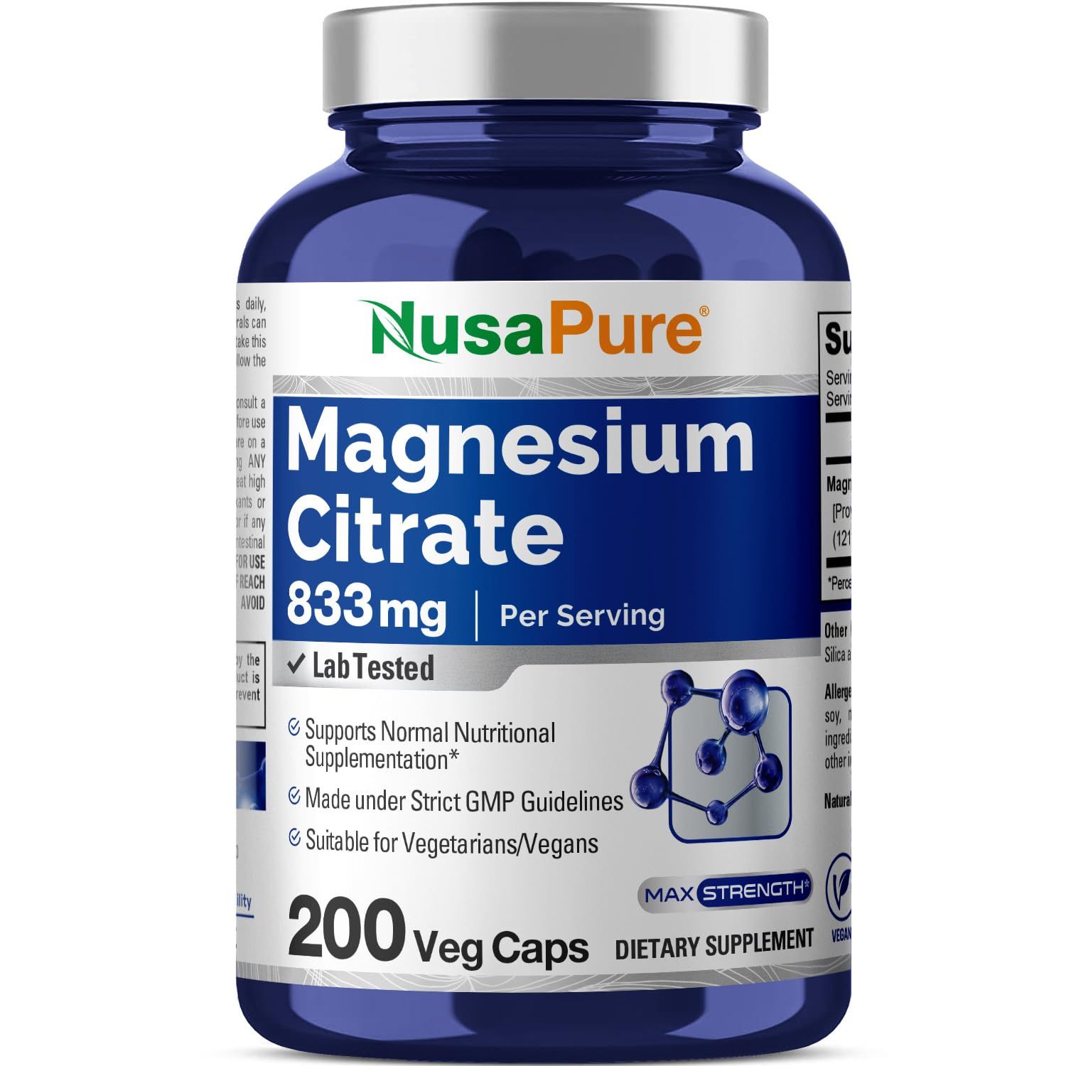 NusaPure Magnesium Citrate 833mg - 200 Veggie Capsules (Vegetarian, Non-GMO, Vegan)