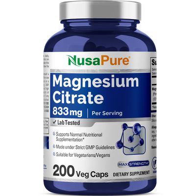 NusaPure Magnesium Citrate 833mg - 200 Veggie Capsules (Vegetarian, Non-GMO, Vegan)