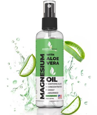 Pure Magnesium Oil Spray with Aloe Vera 8oz - Topical Magnesium Spray - Less Itchy - 100 Organic Oil - Made in USA