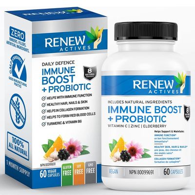 RENEW ACTIVES Antioxidant - Elderberry, Probiotics, Zinc, Vitamin C Organic Turmeric 700MG per 2 Capsules - For Immune Function, Collagen Formation, Overall Wellness - Made in Canada - 60 Capsules