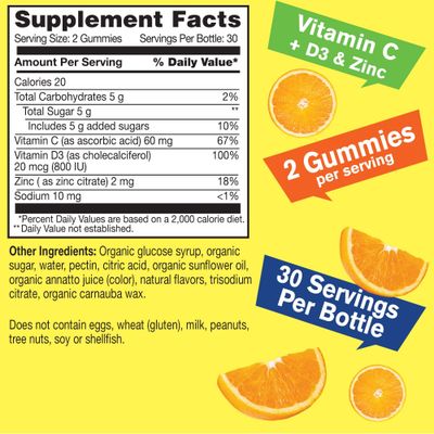 WellYeah Organic Vitamin C D3 Zinc Gummies - Immune Boosting, Antioxidant-Rich, and Bone Health Supporting, USDA Organic, Vegan, and Non-GMO - Gluten-Free, Nut-Free Gummy - 60 Count