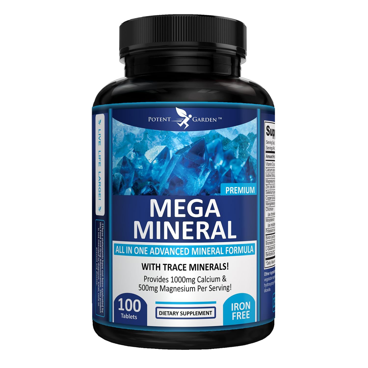 Potent Garden Mega Mineral Supplement Complete Mineral Complex with Calcium Magnesium Zinc Potassium Boron Selenium Chromium 72 Trace Minerals Iron Free Calcium Supplement -100 Pills