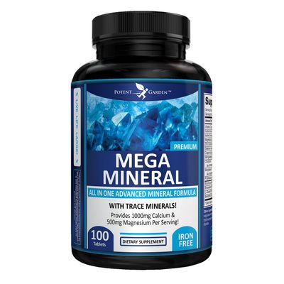 Potent Garden Mega Mineral Supplement Complete Mineral Complex with Calcium Magnesium Zinc Potassium Boron Selenium Chromium 72 Trace Minerals Iron Free Calcium Supplement -100 Pills