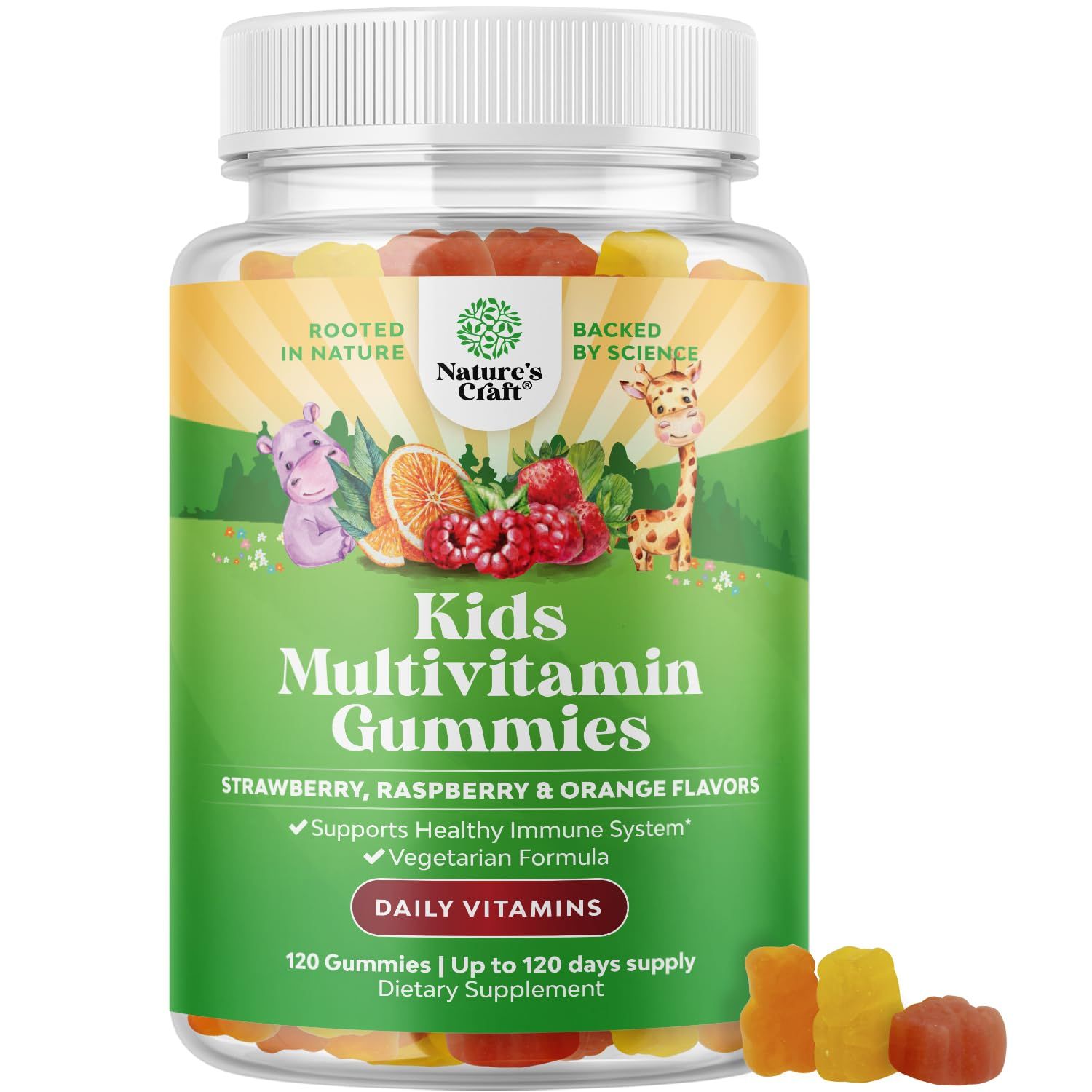 Plant Based Kids Multivitamin Gummies - Multivitamin for Kids Immunity Support Gummies with Vitamins A C D3 E B and Zinc Gelatin and Gluten Free Non-GMO Vitamins Gummy Formula 120ct