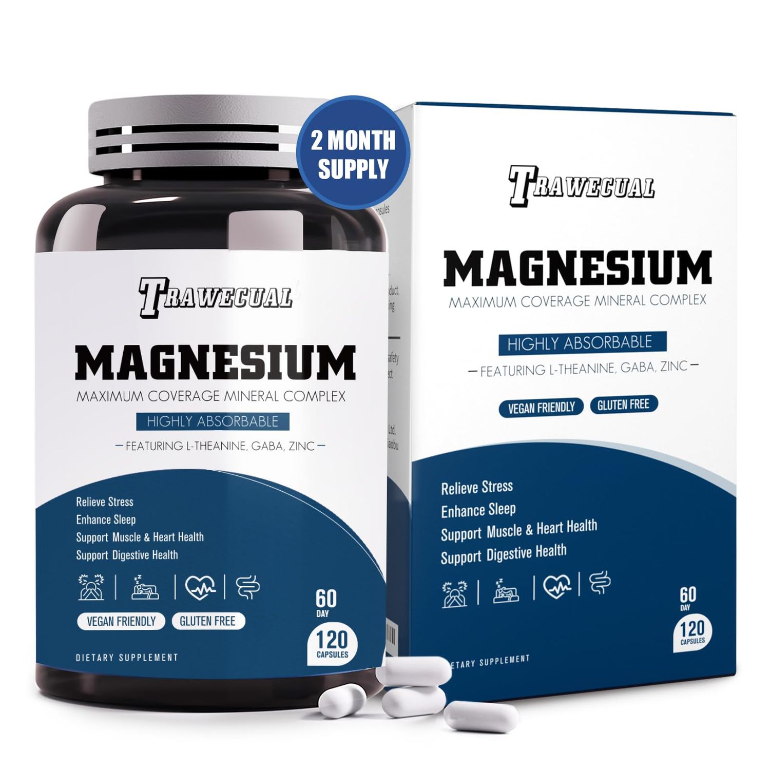 Triple Magnesium Complex 1200mg - Magnesium Glycinate 500mg, Citrate Malate with 200mg L-Theanine for Sleep, Calm Stress Relief, 120 Capsules, 2-Month Supply