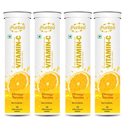 PURITEO Vitamin C 1000mg Effervescent Tablets - Potent Immune Support VIT C with Zinc Supplement - Sugar-Free, Dissolvable Vitamin C Tablets Orange Flavor - (15 Tablet, Pack of 4)
