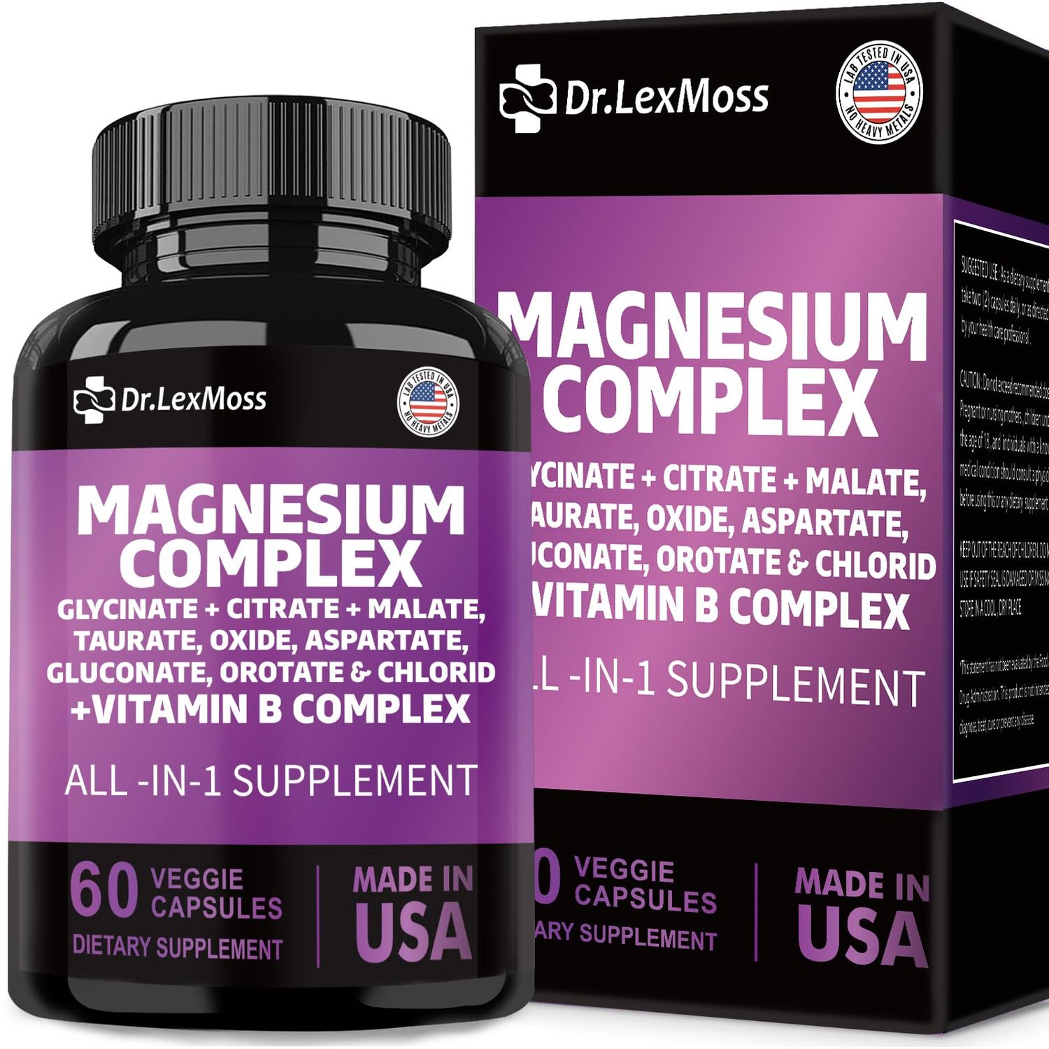 Magnesium Complex 2285mg with Magnesium Glycinate Citrate Malate Oxide Taurate Aspartate Gluconate Orotate Mag Chloride, Zinc Copper Manganese Vitamin C B1 B2 B6 B12 Complex - 60 Count USA
