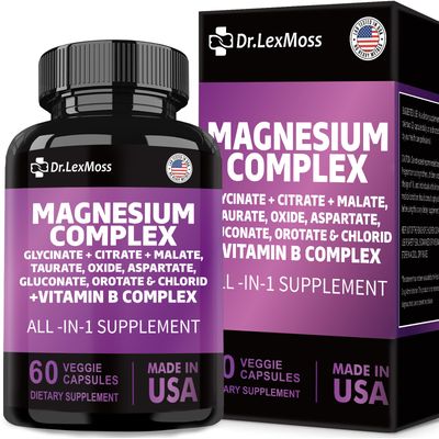 Magnesium Complex 2285mg with Magnesium Glycinate Citrate Malate Oxide Taurate Aspartate Gluconate Orotate Mag Chloride, Zinc Copper Manganese Vitamin C B1 B2 B6 B12 Complex - 60 Count USA