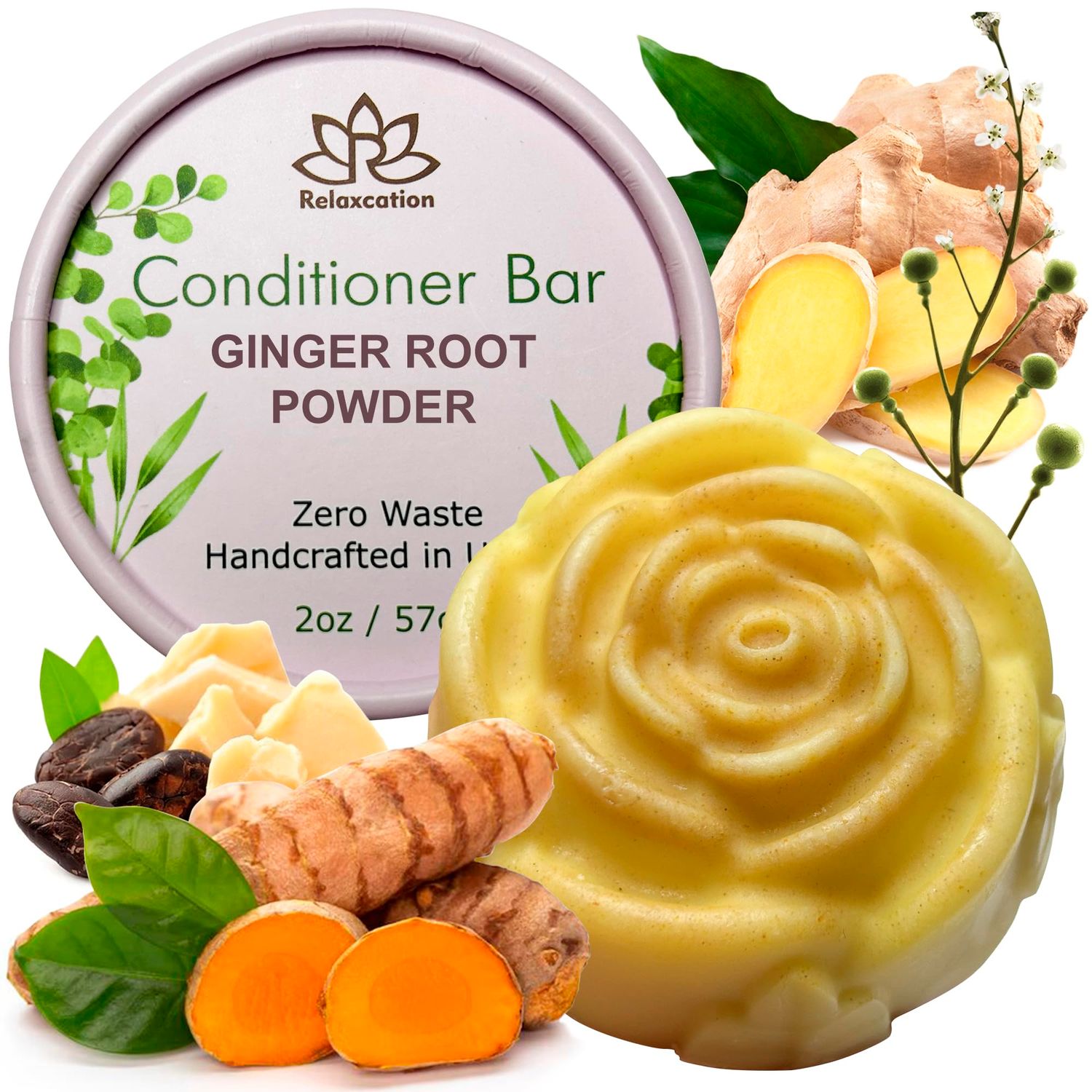 Relaxcation Ginger Root Camelina Oil Conditioner Bar, Hydrating Hair Growth, Handmade in USA, All Hair Type, 1 Count