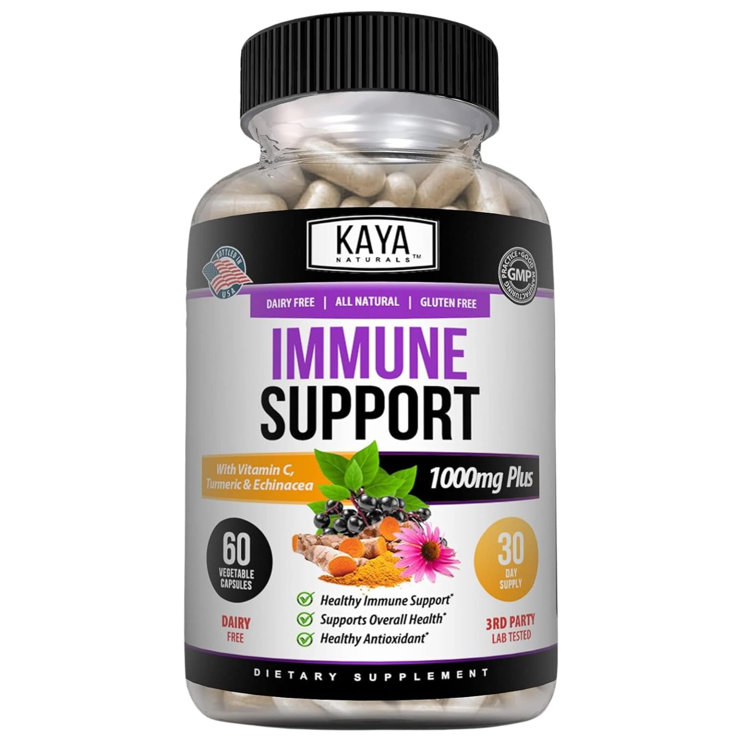 Kaya Naturals Elderberry Immune Support, Elderberry with Zinc and Vitamin C for Adults Vitamins, Probiotics Turmeric 1000mg Immune System Booster Sambucus Capsules - 60 Count