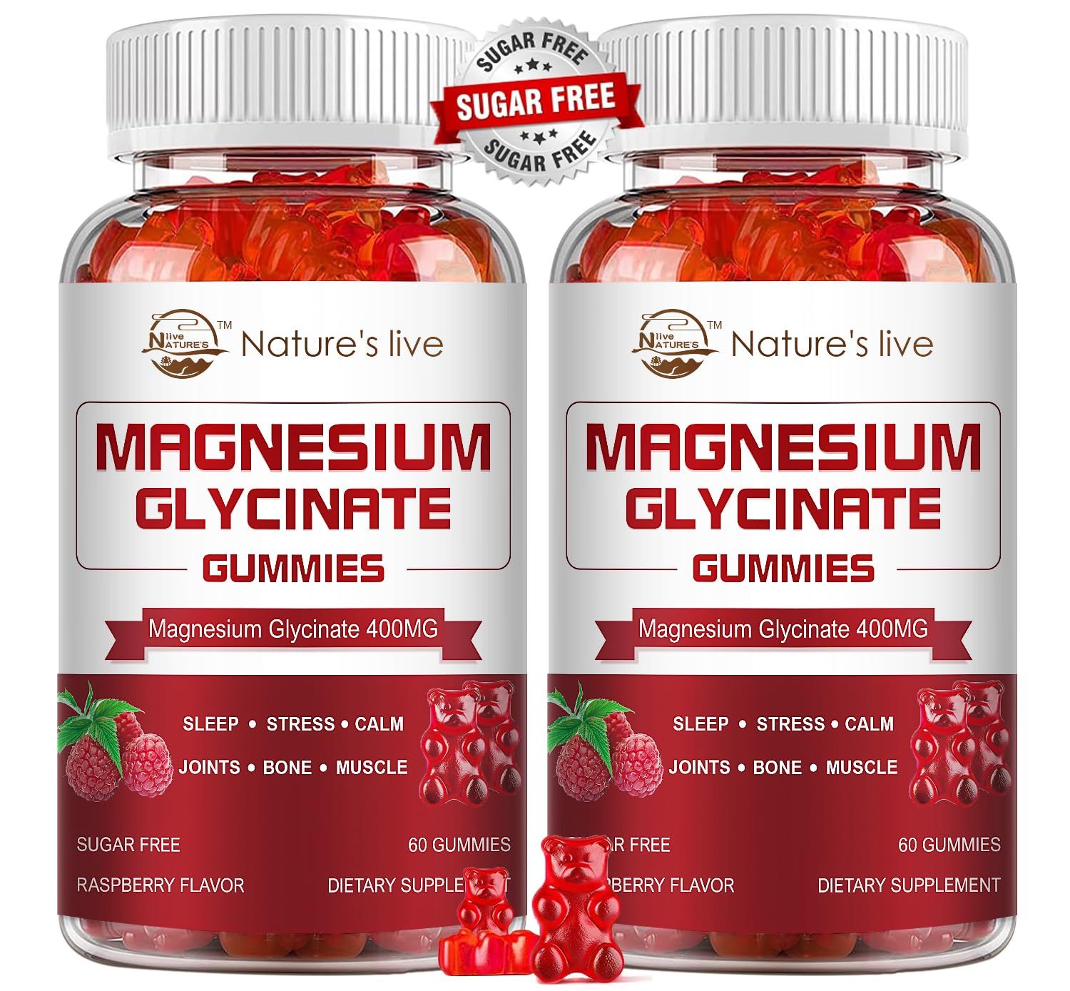 Magnesium Glycinate Gummies 400mg-Potassium Magnesium Supplement with Magnesium L-Threonate 200mg for Calm Mood Sleep for Adults, 2 Pack, Raspberry Gummies