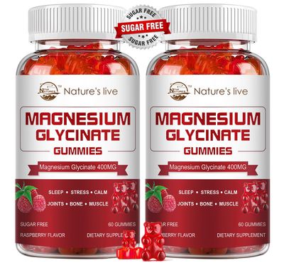 Magnesium Glycinate Gummies 400mg-Potassium Magnesium Supplement with Magnesium L-Threonate 200mg for Calm Mood Sleep for Adults, 2 Pack, Raspberry Gummies