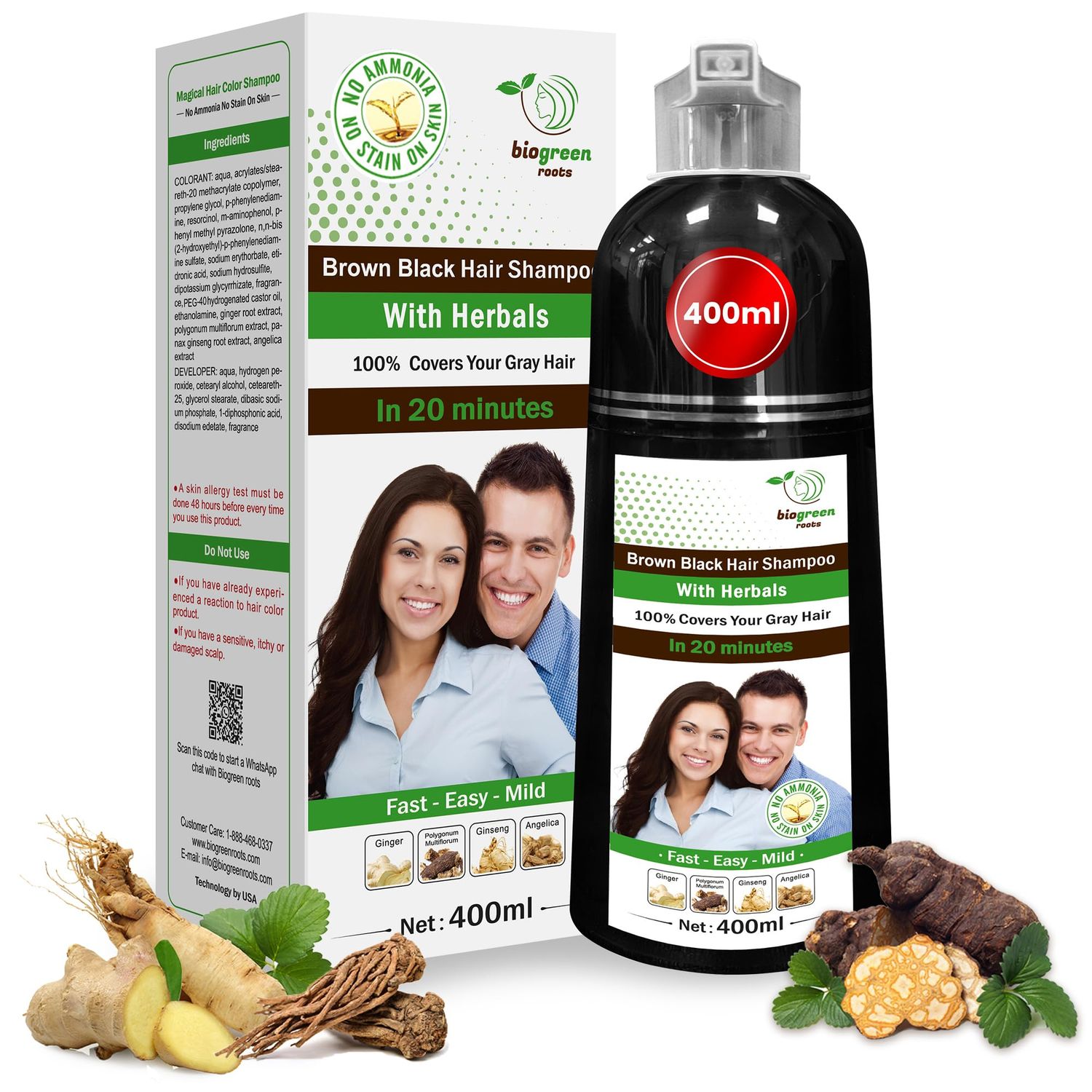 BIOGREEN ROOTS Ammonia-Free Paraben Free Herbal Hair Shampoo - Hair Dye Shampoo for Women Men - Natural Color Herbal Nourishment - No Stain on Skin - Brown Black (400 ml)