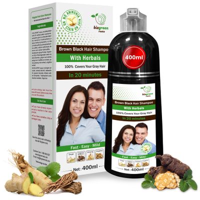 BIOGREEN ROOTS Ammonia-Free Paraben Free Herbal Hair Shampoo - Hair Dye Shampoo for Women Men - Natural Color Herbal Nourishment - No Stain on Skin - Brown Black (400 ml)