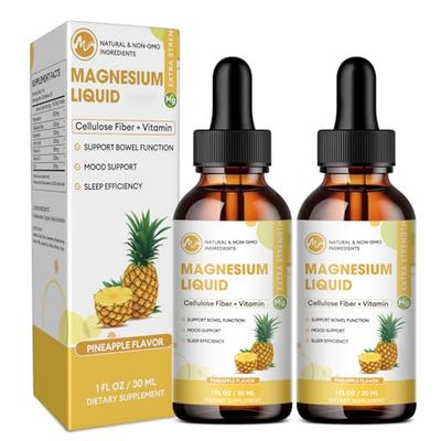 M inch Magnesium Glycinate Liquid, High Absorption Magnesium Liquid Drops with Cellulose Fiber, Bromelain, Vitamin B6, C, D, Zinc, Magnesium Supplement for Kids and Adults, Pineapple Flavor, 2 Pack