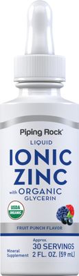 Piping Rock Liquid Zinc Ionic Zinc Sulfate with Organic Glycerin 2 oz Fruit Punch Flavor Vegetarian, Non-GMO, Gluten Free Supplement