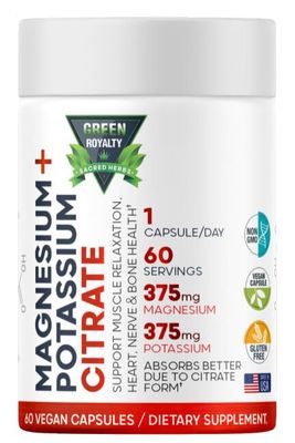 Magnesium Citrate Potassium 60 Premium Vegan Capsules(Citrate 375 mg) (375mg Potassium) Non GMO, Gluten Free - High Absorption Supplement Made in USA