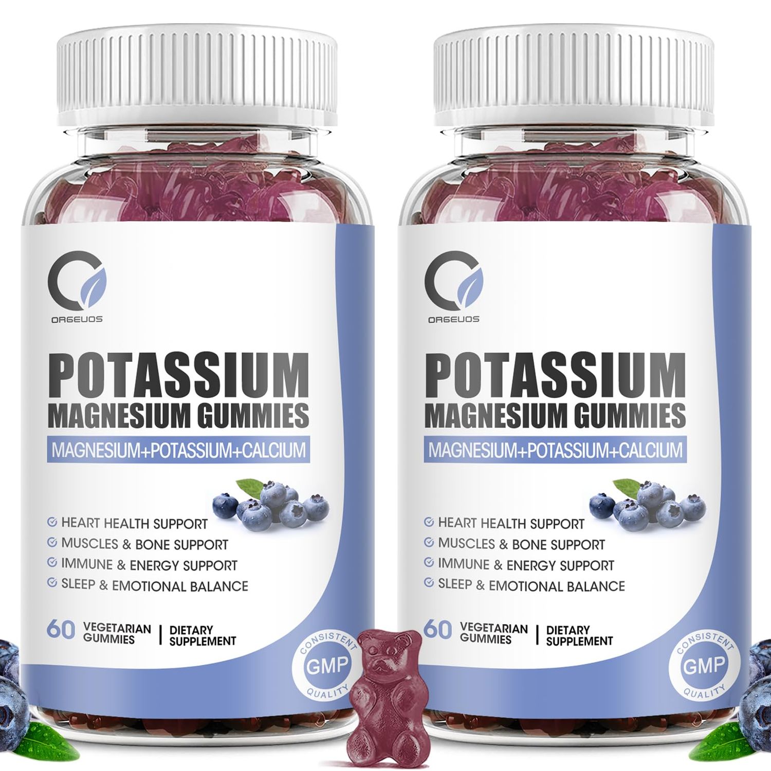ORGEUOS 2 Pack Potassium Magnesium Gummies with Potassium Ctrate 200 mg, Magnesium Glycinate 320 mg Plus Calcium, Zinc, Vitamin - Potassium Supplements for Leg Cramps, Heart, Muscles Health Support