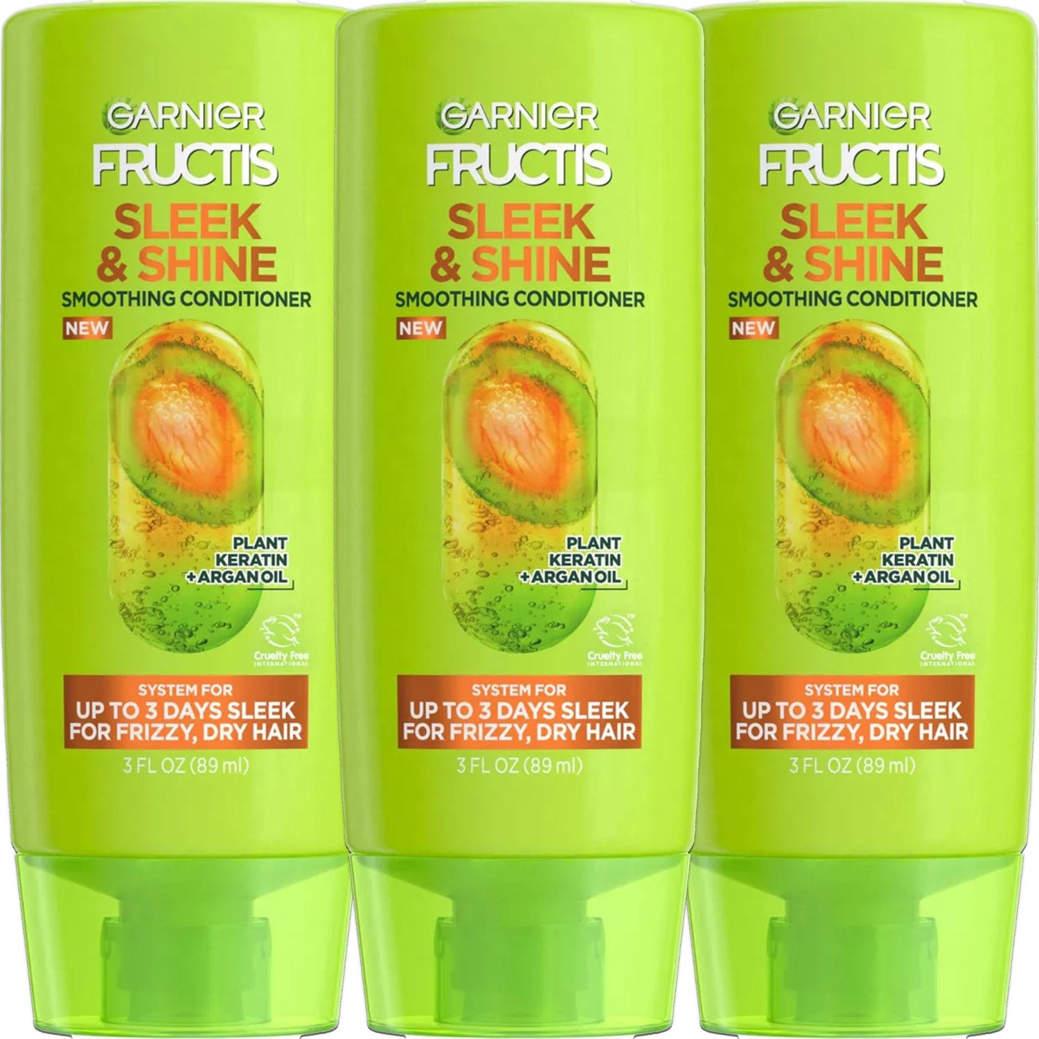 Garnier Fructis Sleek Shine Travel Conditioner, 3 Pack, Smoothing Fortifying Conditioner, Long Lasting Frizz Control for Dry Unmanageable Hair, With Moroccan Argan Oil and Plant Keratin, 3 oz Each
