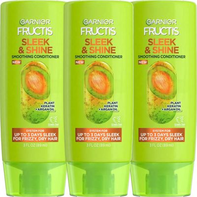Garnier Fructis Sleek Shine Travel Conditioner, 3 Pack, Smoothing Fortifying Conditioner, Long Lasting Frizz Control for Dry Unmanageable Hair, With Moroccan Argan Oil and Plant Keratin, 3 oz Each