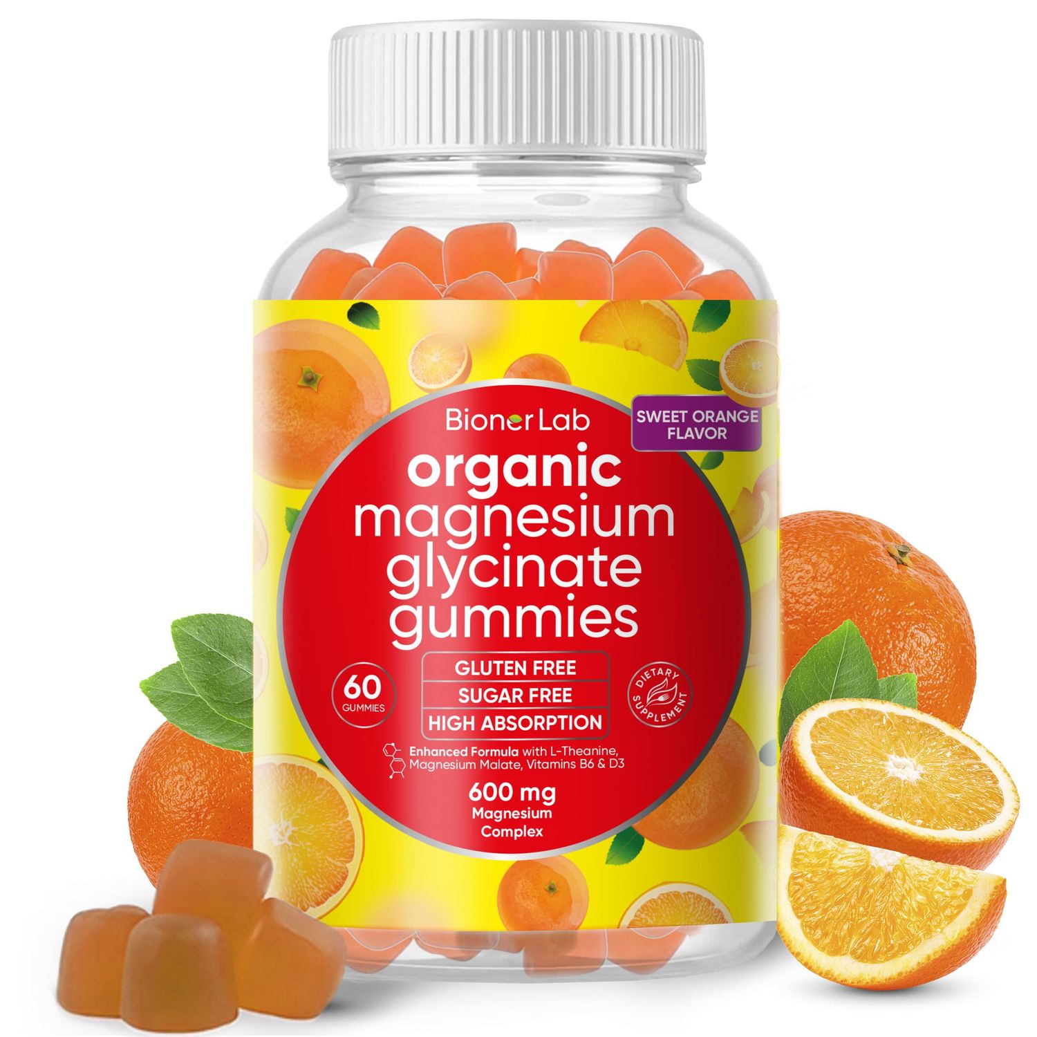 Magnesium Glycinate Chewable Gummies (600mg) for Kids Adults Women Men - Vegan Complex with Calcium Potassium Vitamin D B6 L-Theanine - Sugar Gluten Free - Orange Flavor