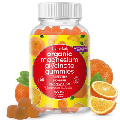 Magnesium Glycinate Chewable Gummies (600mg) for Kids Adults Women Men - Vegan Complex with Calcium Potassium Vitamin D B6 L-Theanine - Sugar Gluten Free - Orange Flavor