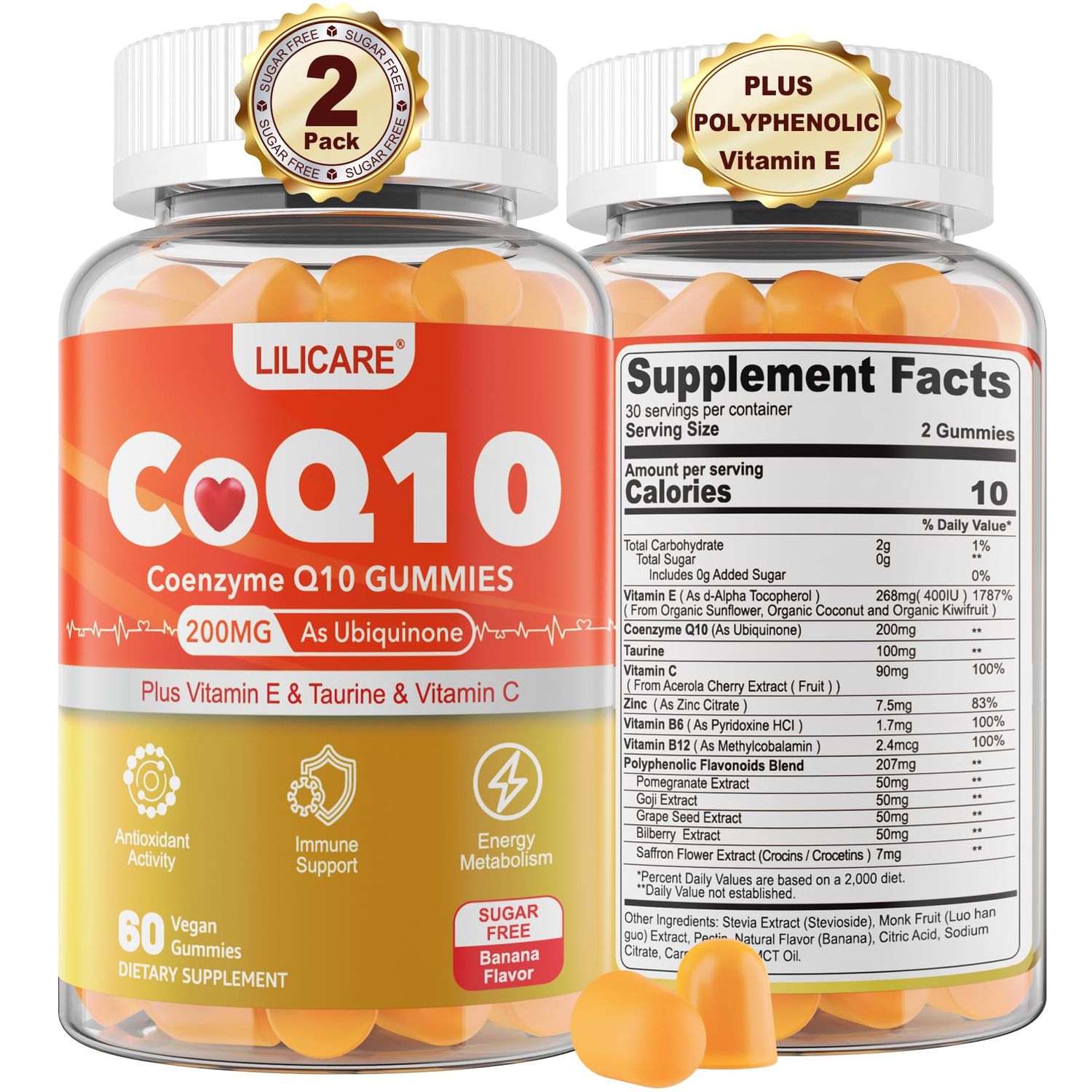 LILICARE Sugar-Free CoQ10 200mg Gummies - Coenzyme Q10 wTaurine, Vitamin E, C, B6, B12, Zinc - High Absorption CoQ10 Supplement for Antioxidant, Cellular Energy Hear-t Health, Vegan 120 C