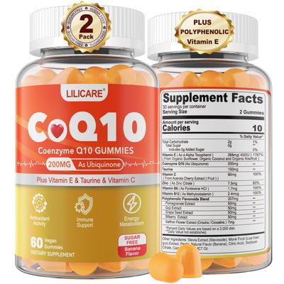 LILICARE Sugar-Free CoQ10 200mg Gummies - Coenzyme Q10 wTaurine, Vitamin E, C, B6, B12, Zinc - High Absorption CoQ10 Supplement for Antioxidant, Cellular Energy Hear-t Health, Vegan 120 C