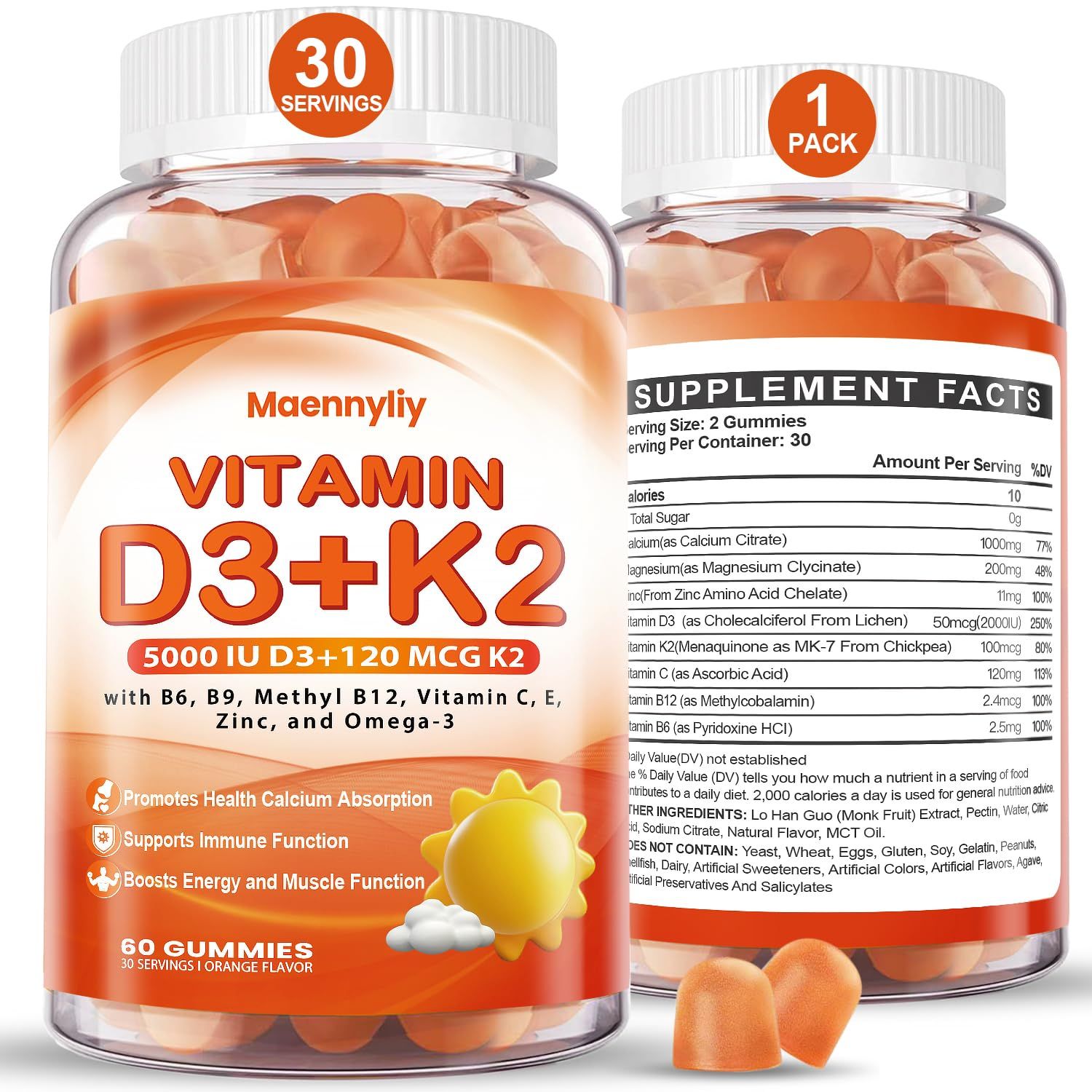 Vitamin D3 K2 Gummies for Adults - Vitamin D3 5000IU K2 (MK-7) 120mcg - Sugar-Free D3 and K2 Supplements with Omega-3, Methyl B12, B9, B6, Vitamins E Zinc - for Calcium Absorption Immune Health