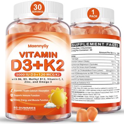 Vitamin D3 K2 Gummies for Adults - Vitamin D3 5000IU K2 (MK-7) 120mcg - Sugar-Free D3 and K2 Supplements with Omega-3, Methyl B12, B9, B6, Vitamins E Zinc - for Calcium Absorption Immune Health