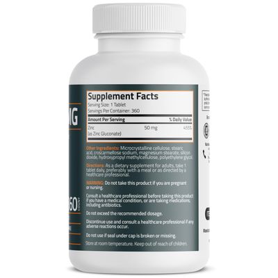Bronson Zinc 50 MG High Potency One Year Supply Supports Immune, Antioxidant Skin Health - Non-GMO, 360 Vegetarian Tablets