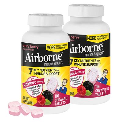 Airborne 1000mg Vitamin C Zinc Immune Support Supplement Chewable Tablets, Very Berry Flavor with Powerful Antioxidants Vitamins A C E, 116 Chewable Tablets (2 Pack)