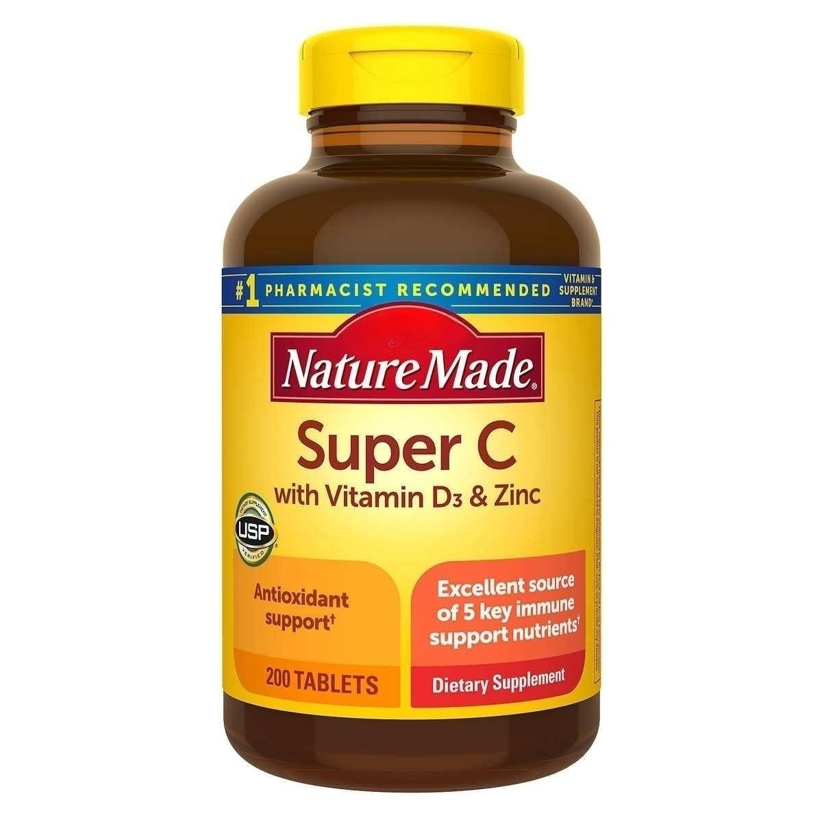 Generic Nature Mades Super C with Vitamin D3 and Zinc, 200 Tablets Bundle - Adult Multi Letter Vitamins Herbals Dietary Supplements for Immune System Health