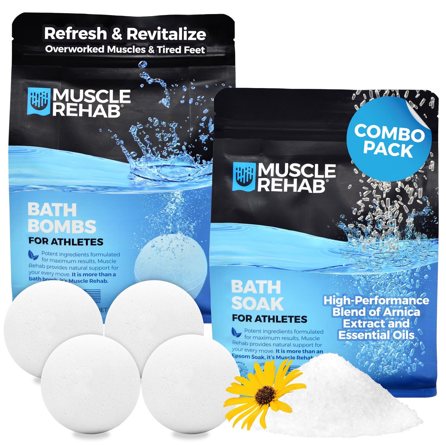 Muscle Rehab Magnesium Soaks for Sports Recovery Combo Pak- Arnica Epsom Salt Bath Bombs Magnesium Soak for Men -Women with Turmeric Essential Oils -Muscle Pain Relief Joint Soother - (2 pack)